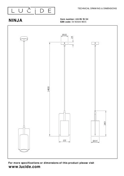 Lucide NINJA - Pendant light - Ø 11,5 cm - 1xE27 - Yellow - technical